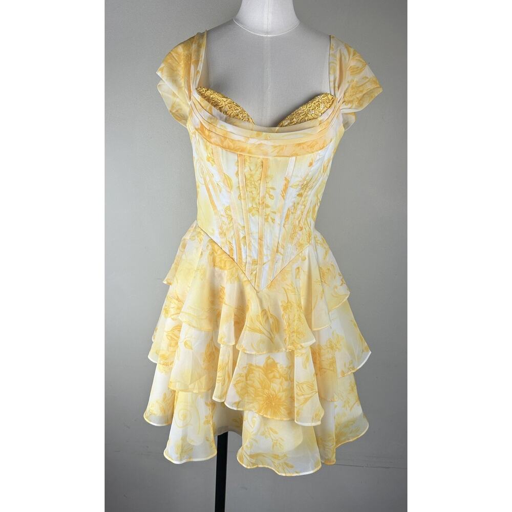 Yellow Floral Sweetheart Lace Corset Back Chiffon Ruffled Floral Dress Sz 8 New